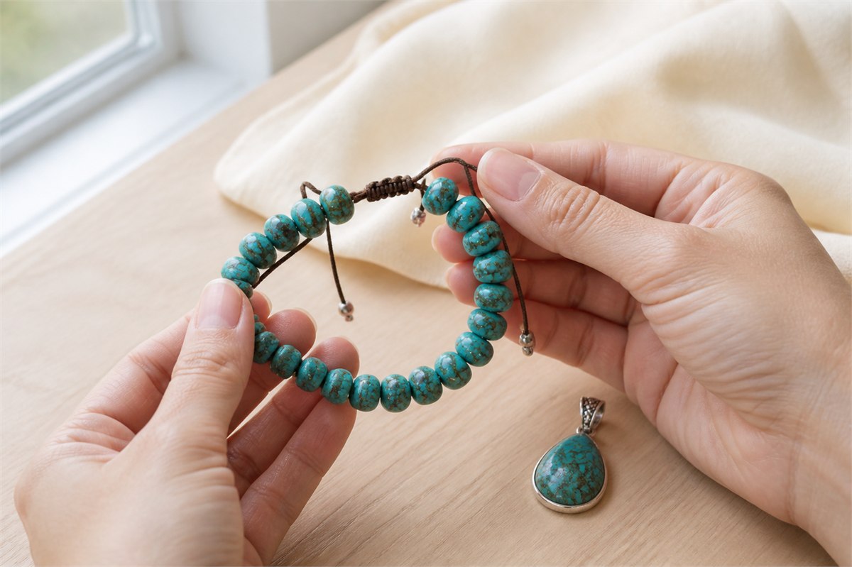 Hands examining turquoise bracelet beads, cord, clasp, and drill holes in window light