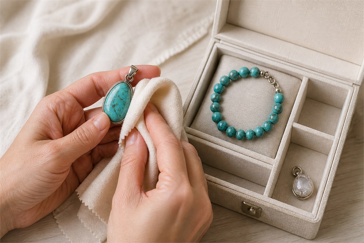 Hands wiping a turquoise pendant with a soft cloth beside separately stored jewelry