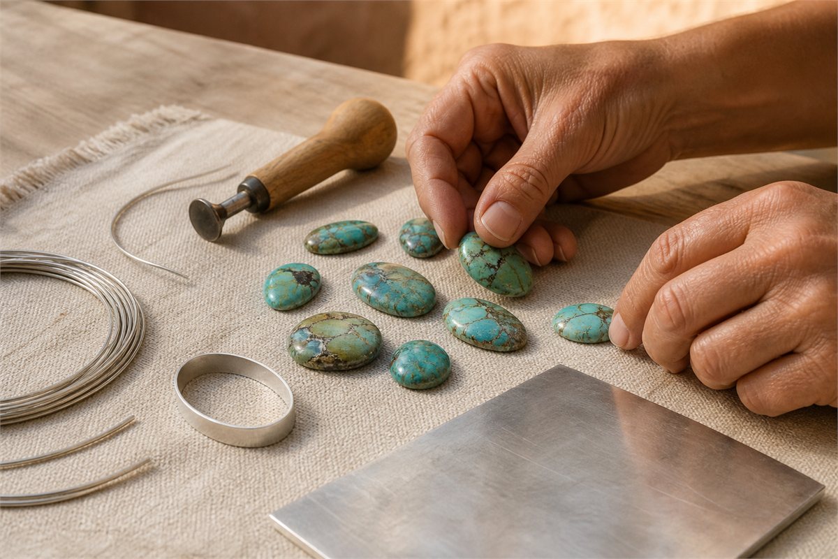 Artisan hands arranging varied turquoise cabochons beside silver sheet, wire, and hand tools