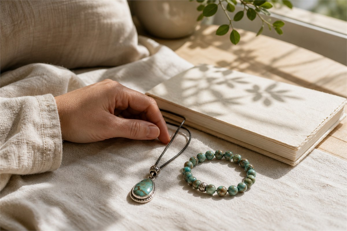 Hand resting beside turquoise pendant and bead bracelet near a blank journal in window light