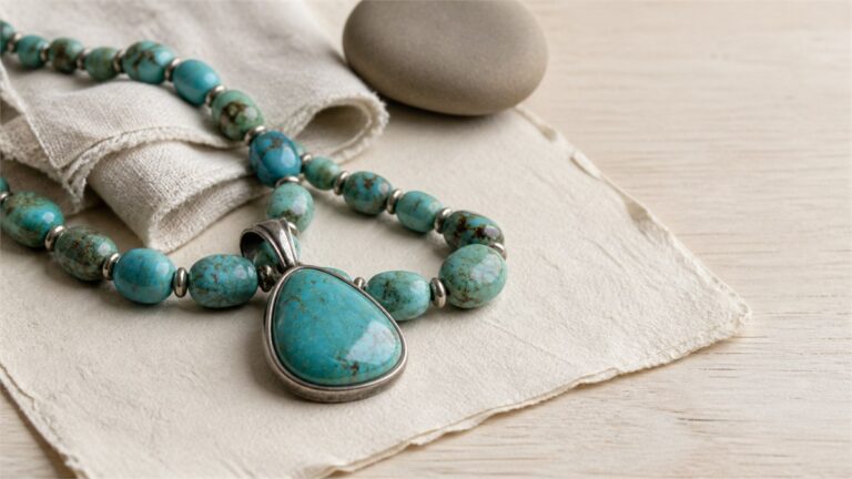 Blue-green turquoise pendant and bead strand on ivory paper and linen
