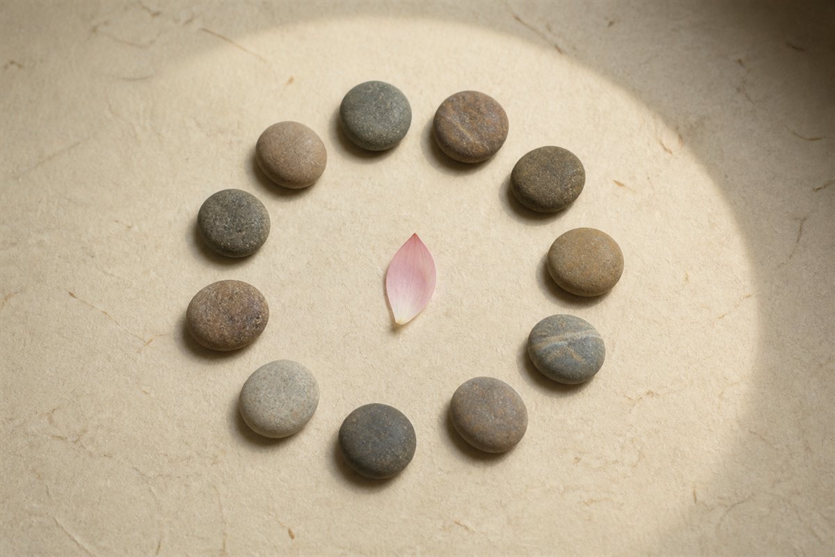 Twelve small stones arranged in a circle around a single lotus petal