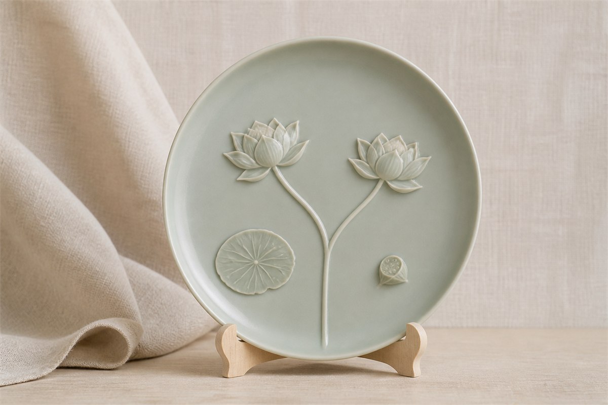 Modern celadon plate with two lotus blossoms branching from one raised stem