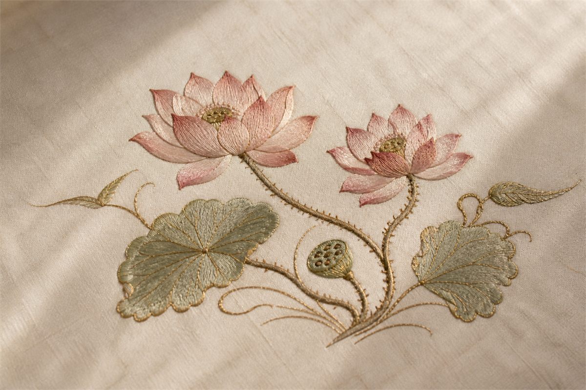 Ivory silk embroidery of two pink lotus flowers joined by one branching stem
