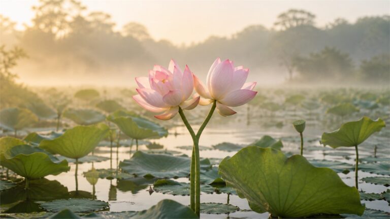 Two pale pink lotus flowers sharing one stem above a calm lotus pond