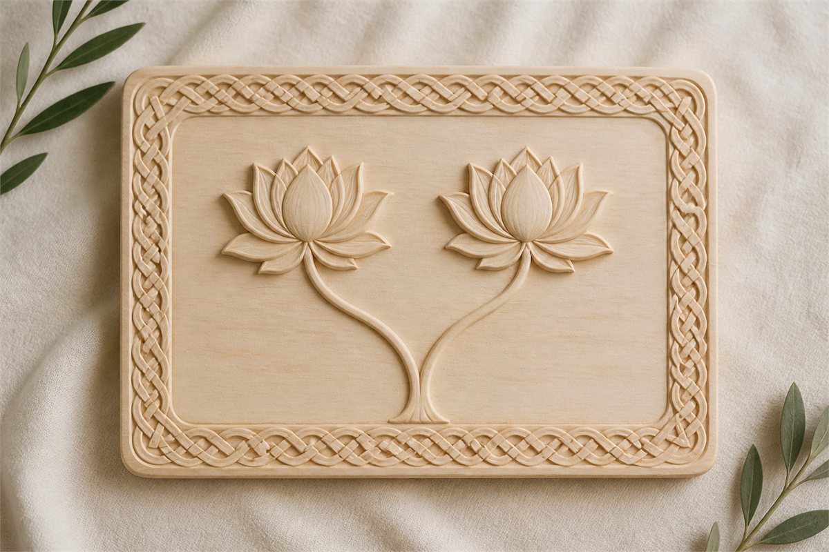 Pale wood carving of a twin lotus inside a separate interlacing knot border