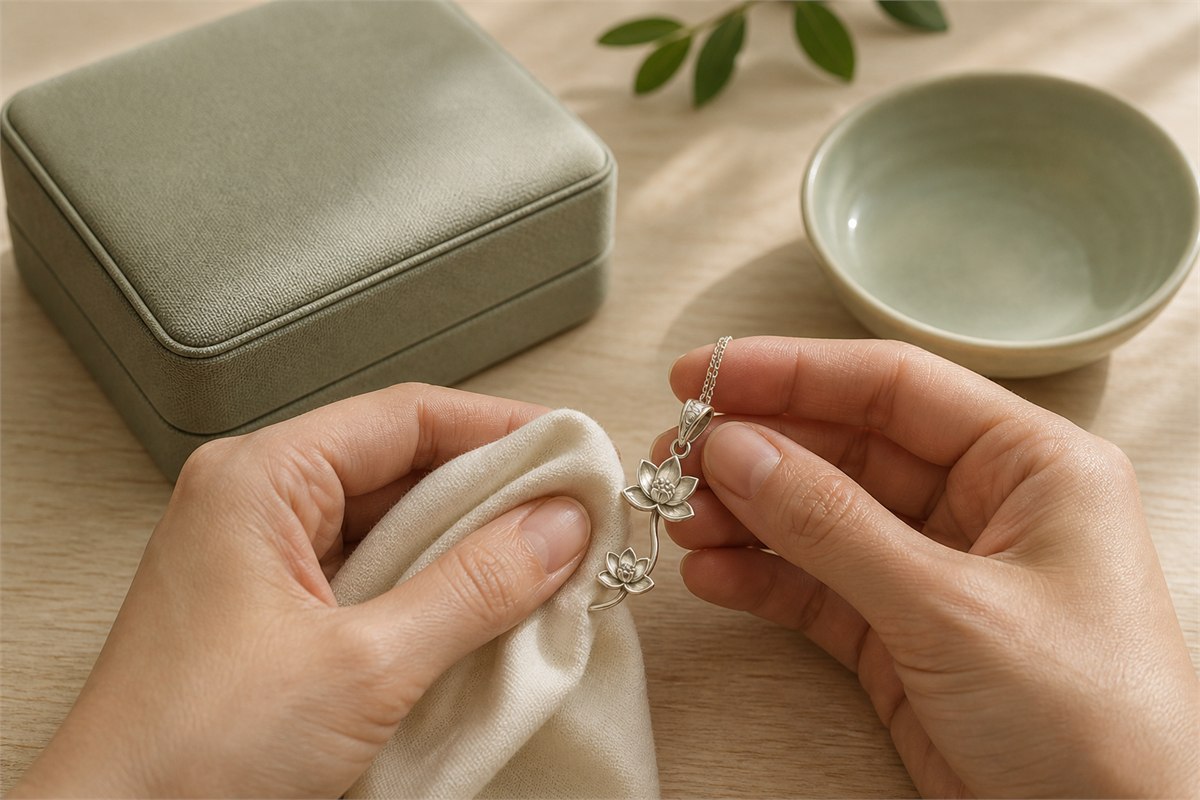 Adult hands gently wiping a silver twin-lotus pendant with a soft dry cloth