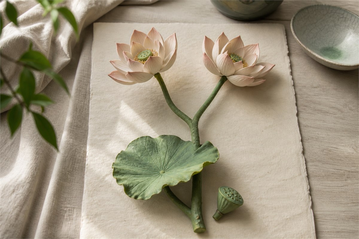 Artisan botanical study of two lotus blossoms branching from one joined green stalk