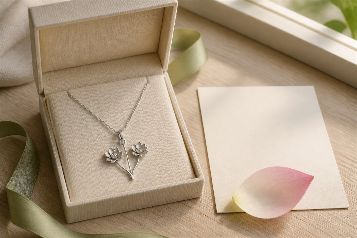 Silver twin-lotus necklace in an ivory gift box beside a blank card and lotus petal