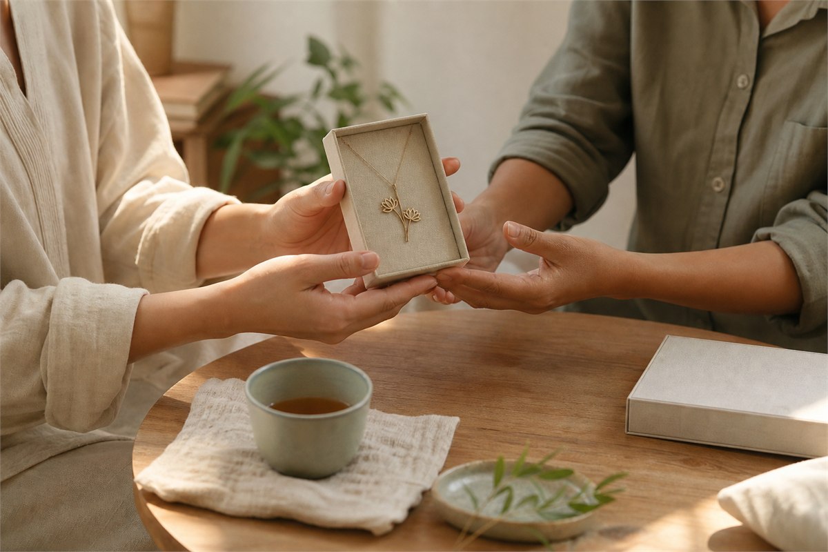 Two friends exchanging a linen gift box with a delicate twin-lotus pendant