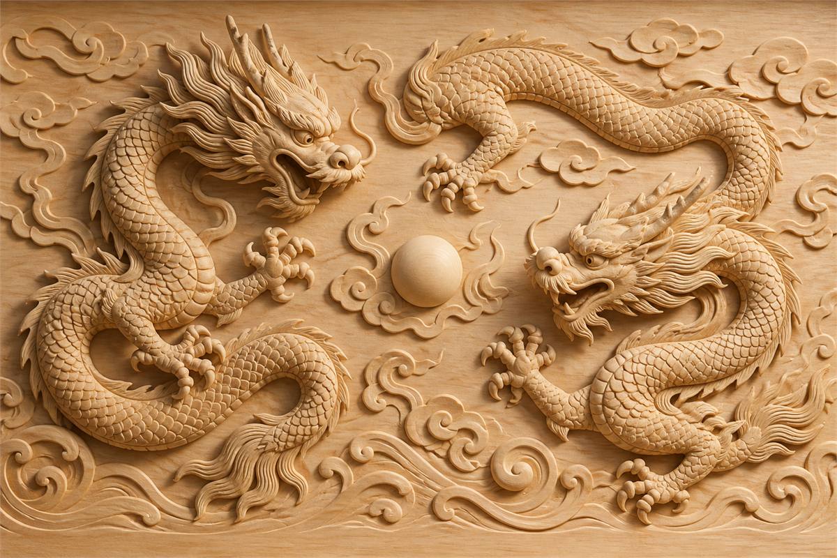 Two balanced carved Chinese dragons approaching one pearl amid clouds and waves