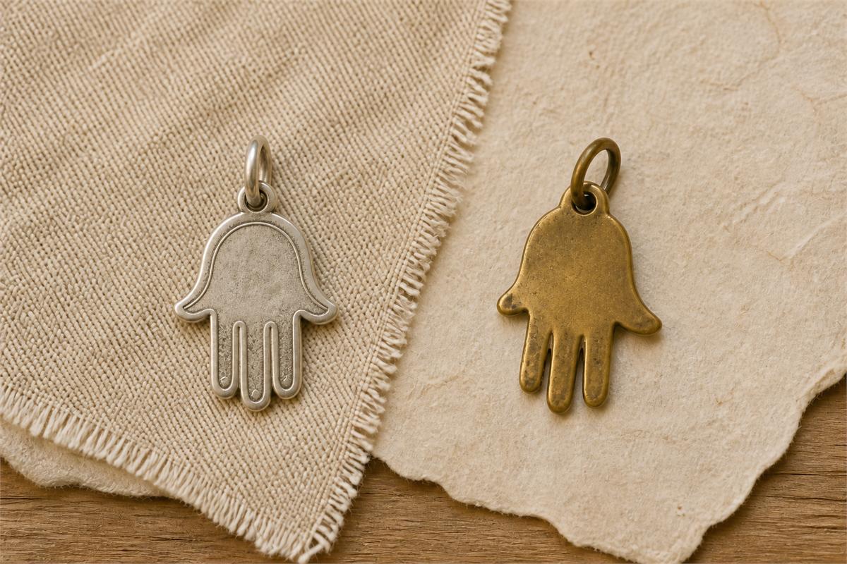 Plain silver and brass Hamsa pendants with different five-finger silhouettes on neutral textiles