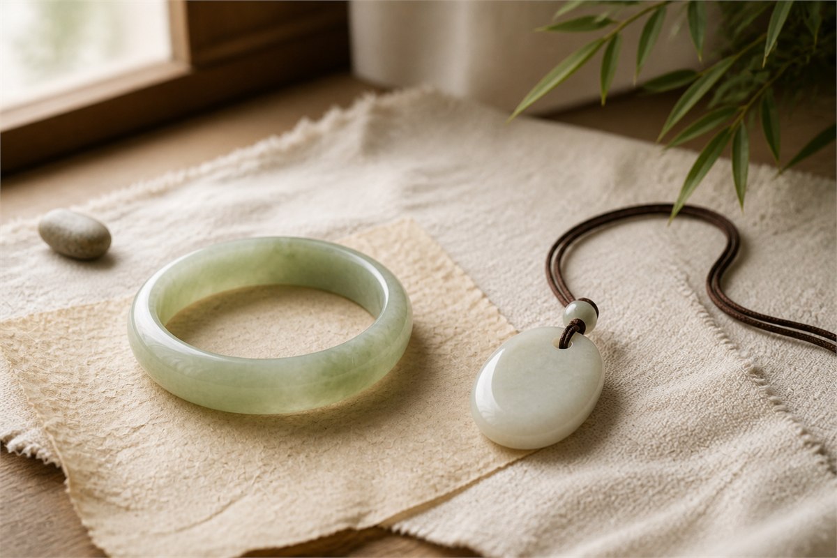 A pale celadon nephrite bangle and a creamy white nephrite pendant arranged together on ivory linen.