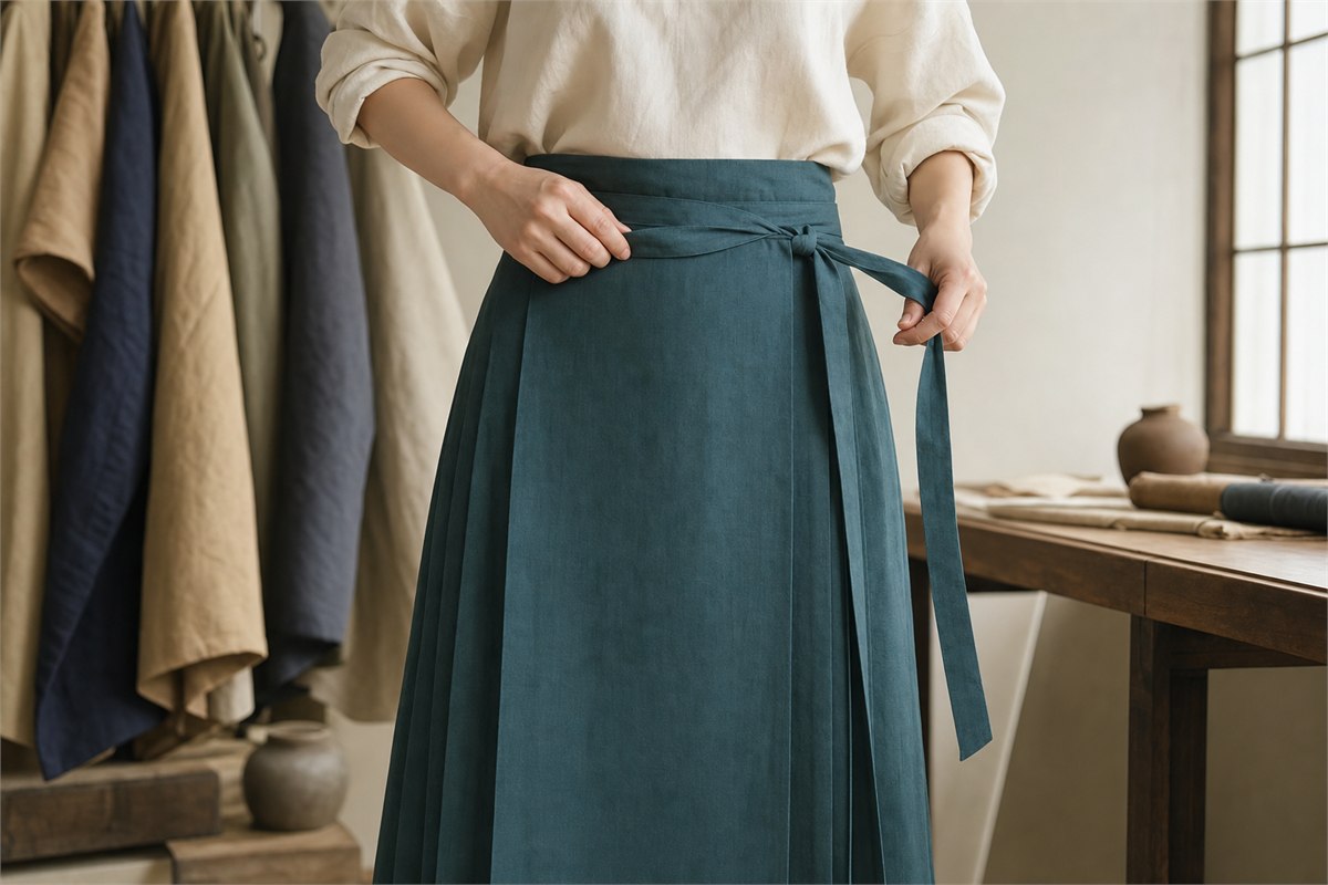 Hands tying the side ties of a teal ma mian qun with the flat front panel centered