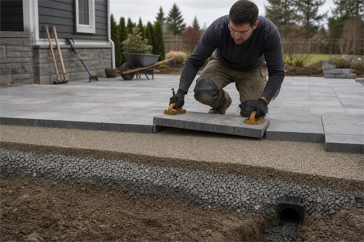 Installer placing thick porcelain pavers over screeded bedding and compacted crushed aggregate