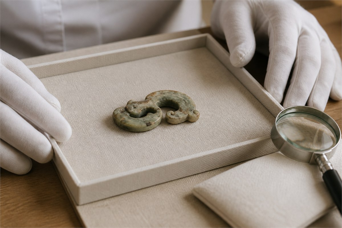 A weathered jade-like object rests untouched on a padded tray beside gloved hands and a magnifier.