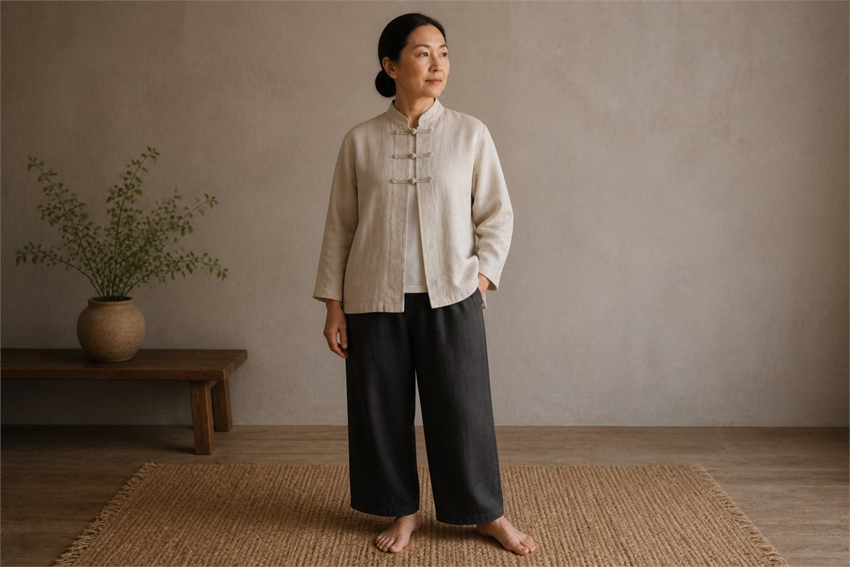 Adult wearing a modern ivory standing-collar jacket with three fabric frog closures and loose dark trousers
