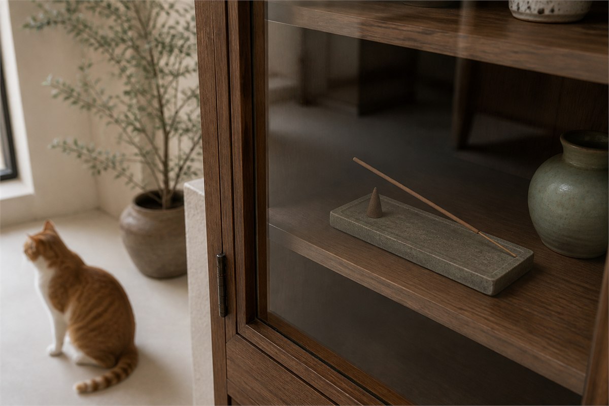 Unlit incense stick and cone behind a glass cabinet door with a cat resting on the floor at a distance