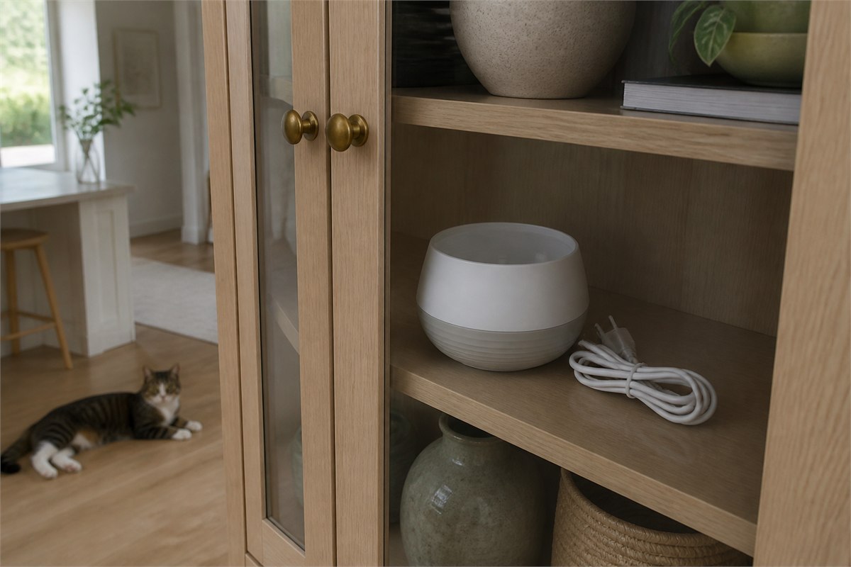Empty unplugged ultrasonic diffuser with coiled cord stored behind a glass cabinet door away from a cat
