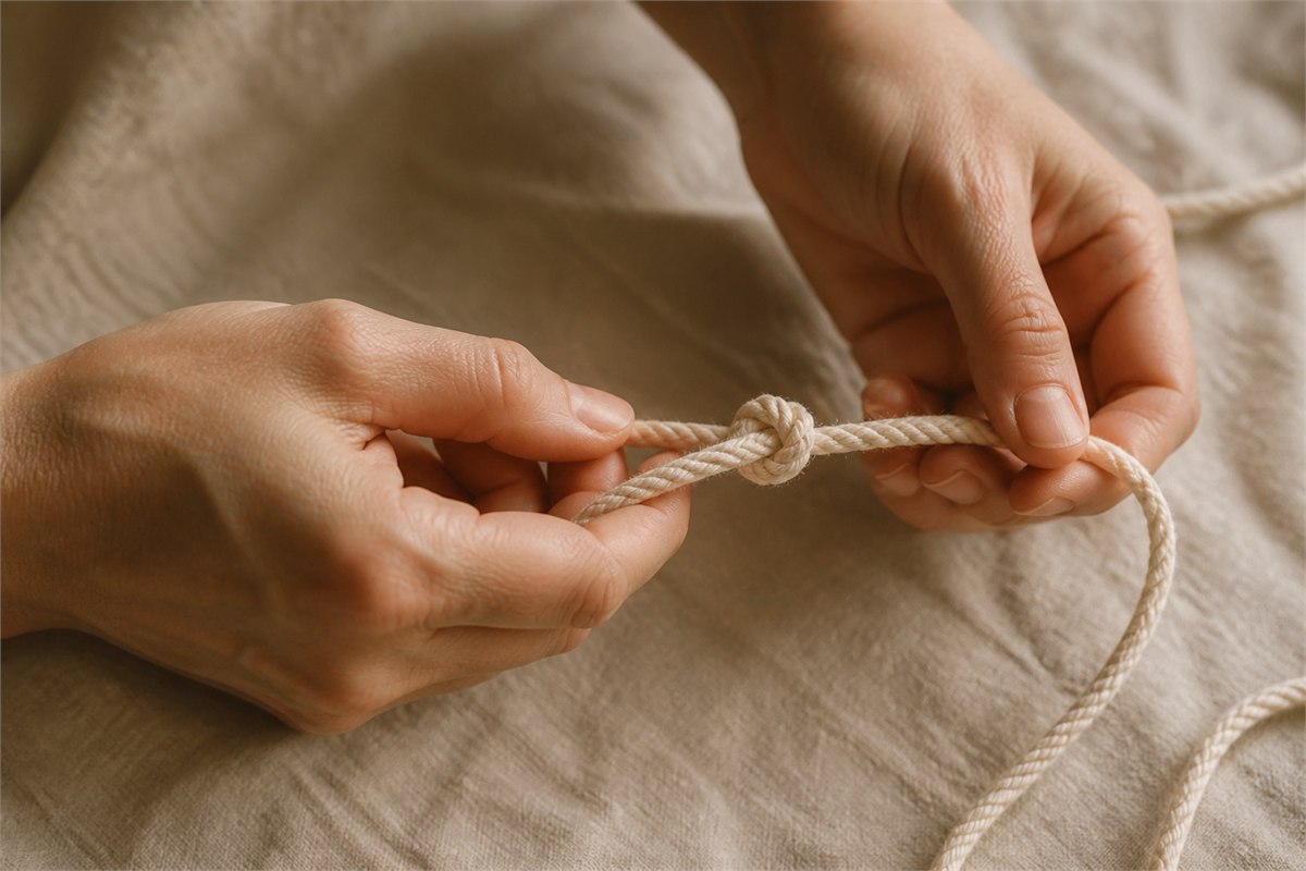Natural hands gently loosening a simple knot in an undyed cotton cord
