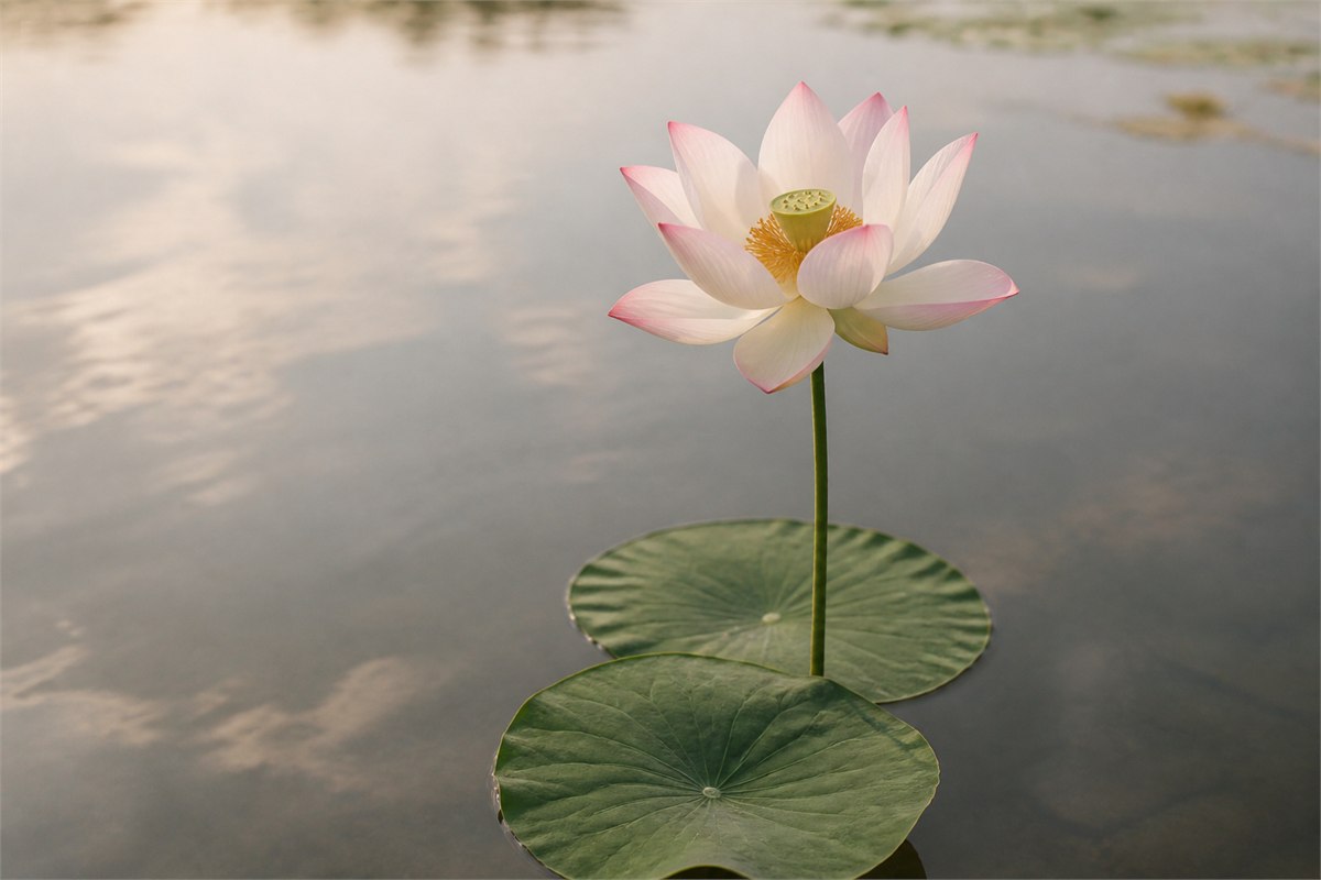 Single upright pale lotus above calm water with generous open space