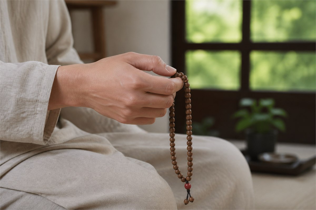 Left hand gently moving a natural Bodhi mala one bead at a time during seated practice