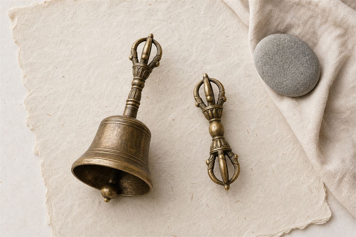 Overhead view of a bronze vajra bell and matching dorje arranged on handmade paper