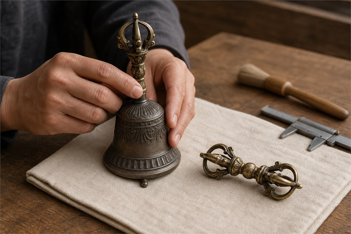 Hands gently steadying a bronze vajra bell beside its matching dorje on a craft table