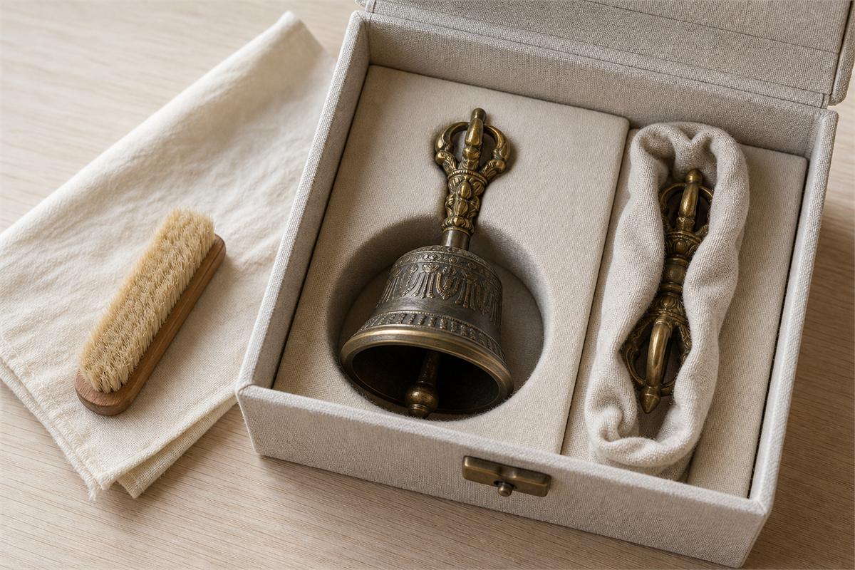 Bronze vajra bell in padded storage beside a soft brush, dry cloth, and wrapped dorje
