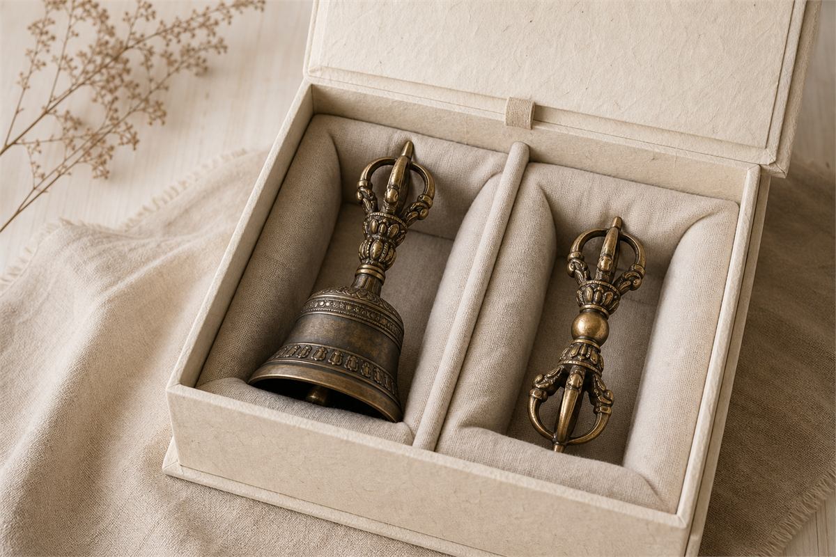 Bronze vajra bell and matching dorje resting in separate padded compartments of an ivory box