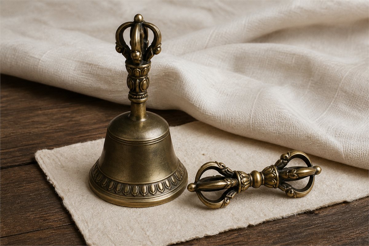 A matched bronze vajra and bell resting side by side on ivory linen