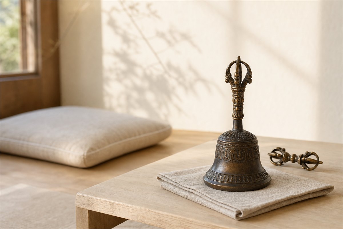Bronze vajra bell on folded linen in a sunlit quiet room with a matching dorje nearby
