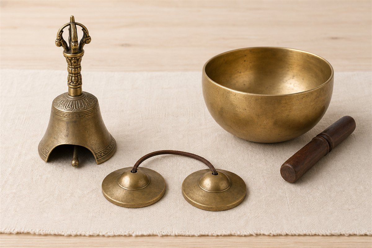 Tibetan vajra bell, standing singing bowl, and two tingsha cymbals connected by leather cord