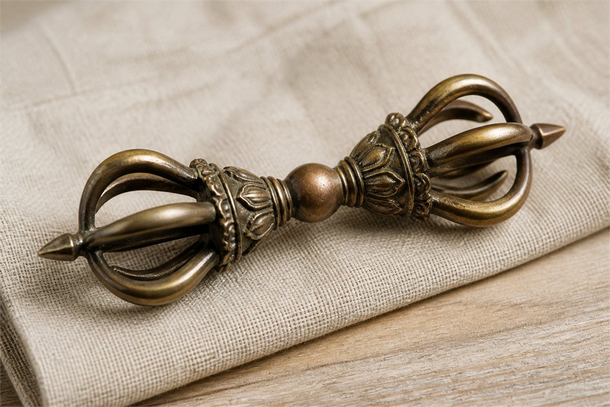 Close view of an aged bronze vajra showing its central grip, lotus collars, and curved prongs