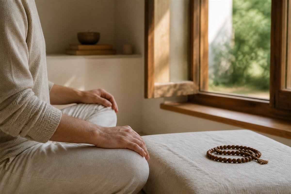 Person sitting quietly by a warm window with a plain wooden mala in relaxed hands