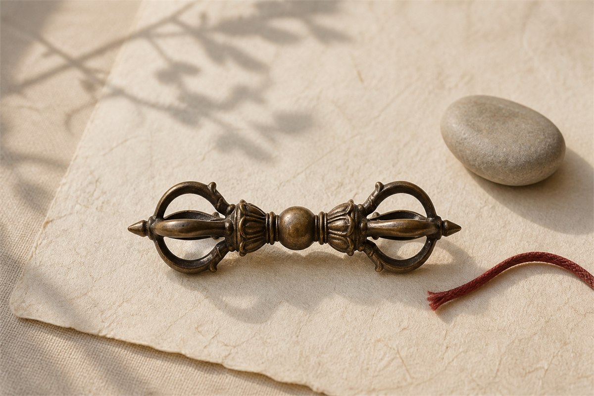 A bronze vajra-form object with a smooth stone and muted red cord on handmade paper