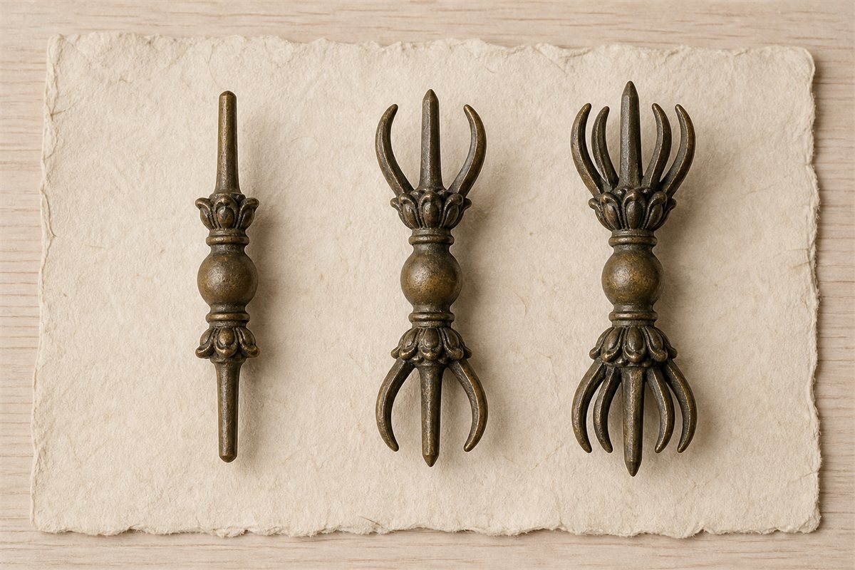 Three bronze vajra study objects displaying one-pronged, three-pronged, and five-pronged forms
