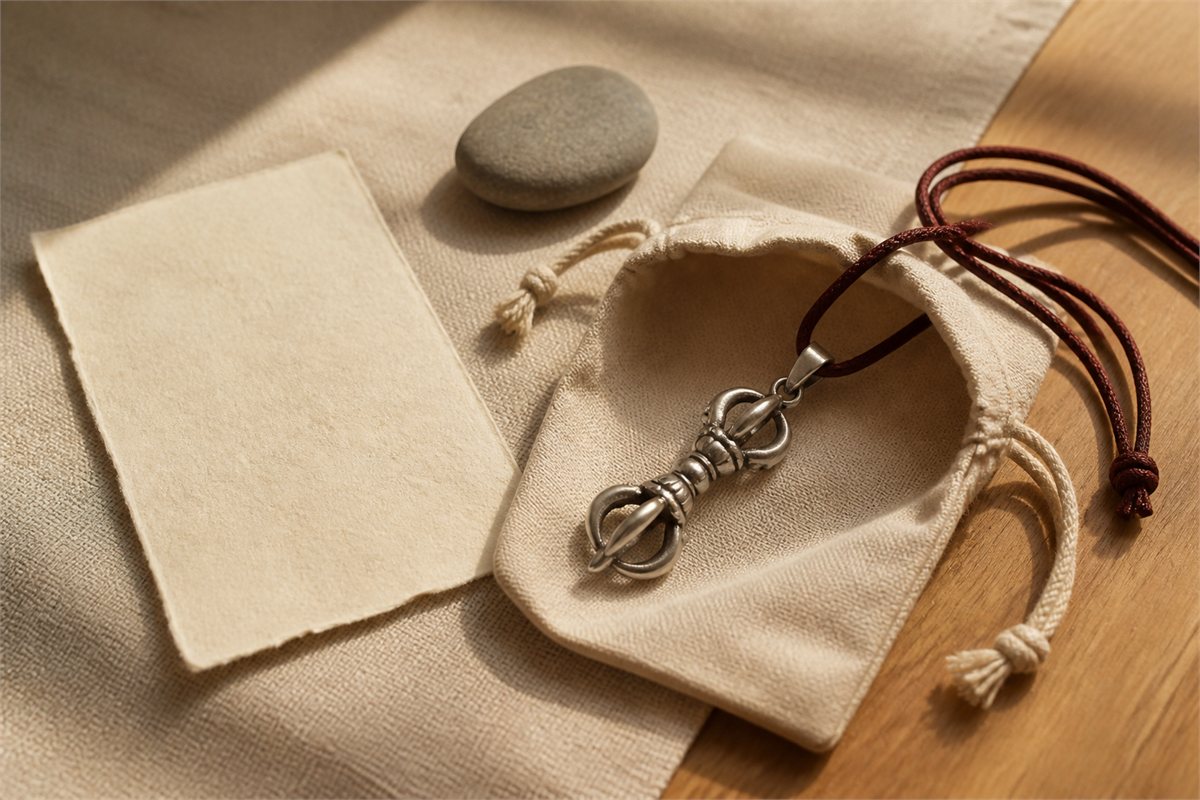 A rounded silver vajra pendant on a red-brown cord resting in an ivory cotton pouch