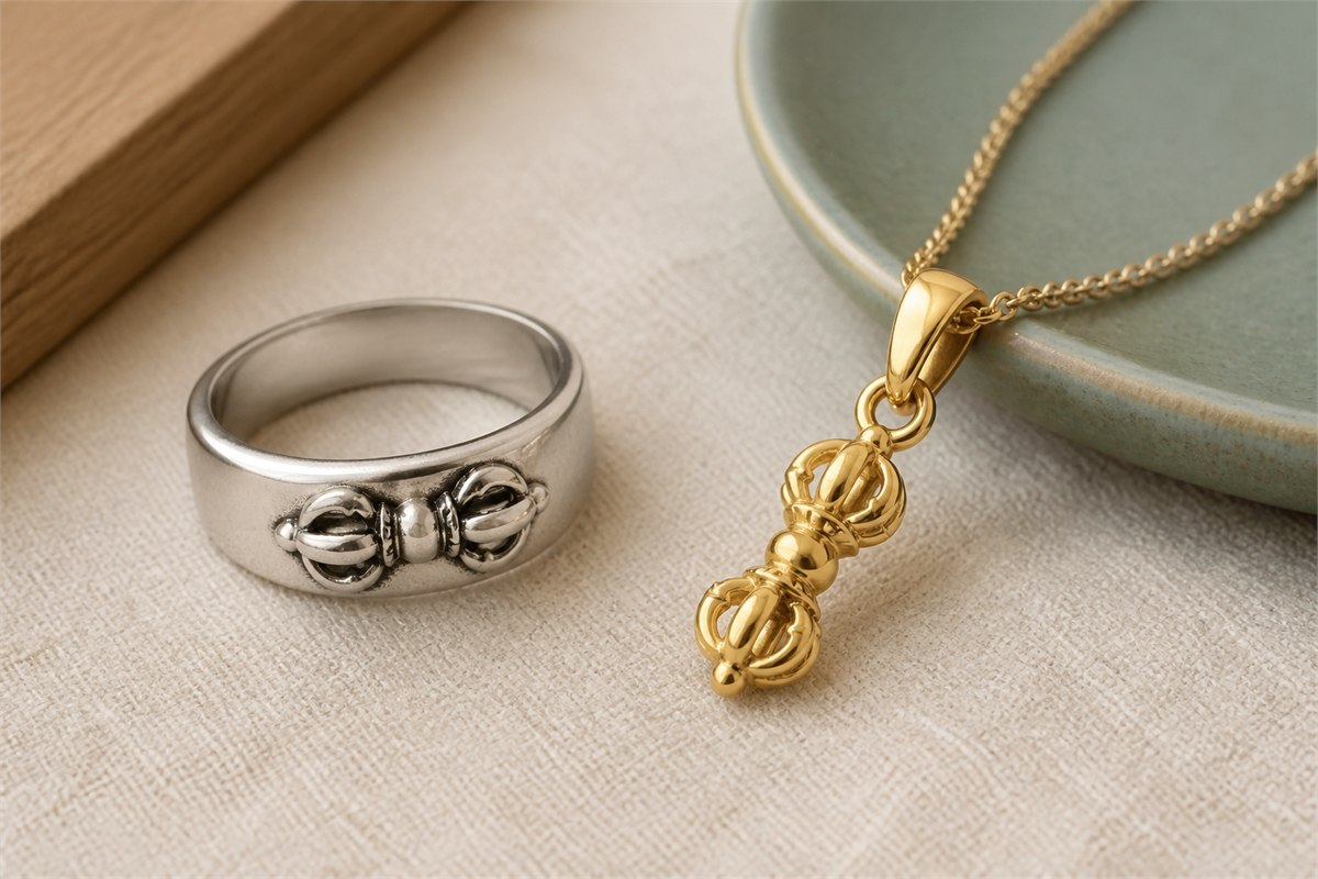 A broad sterling-silver vajra ring and a polished gold-color vajra pendant with rounded edges