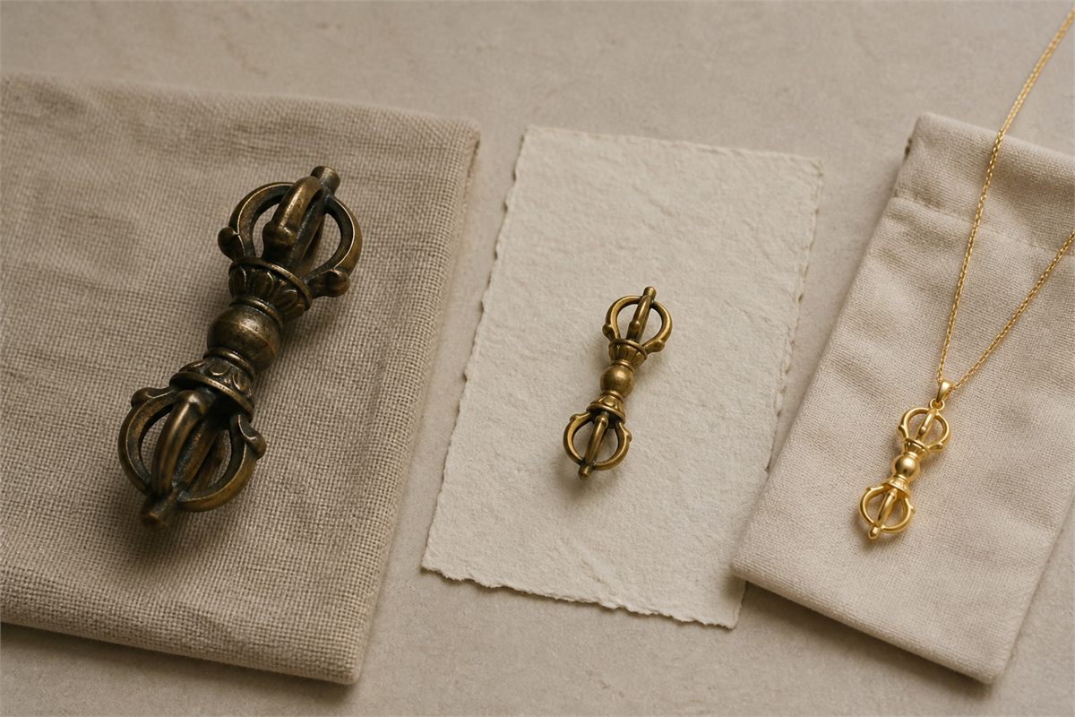 Bronze vajra study objects and a gold-color vajra pendant arranged in three separate groups
