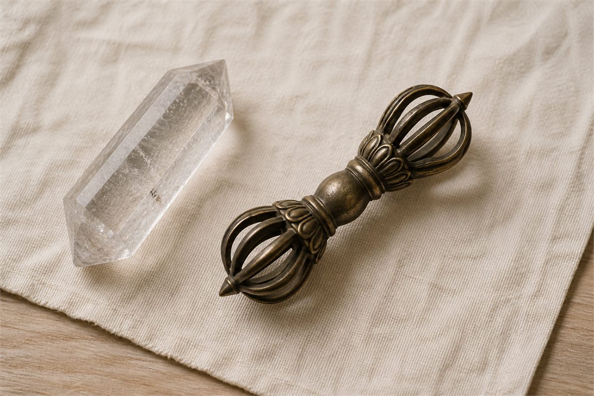 A clear quartz point beside a closed-prong bronze vajra study object on linen