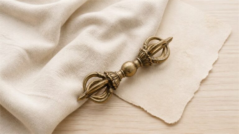 A five-pronged bronze vajra-form study object resting on warm ivory linen