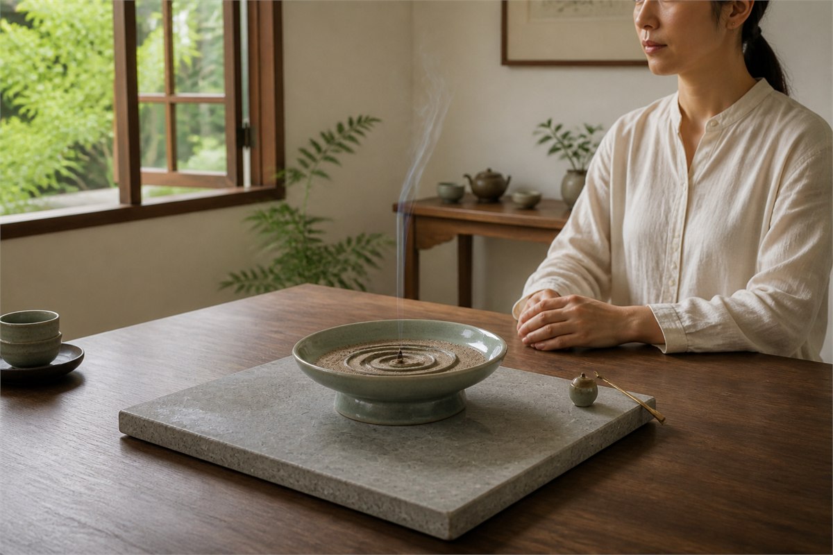 An adult attending a gently smoldering incense seal near an open window with a thin smoke plume