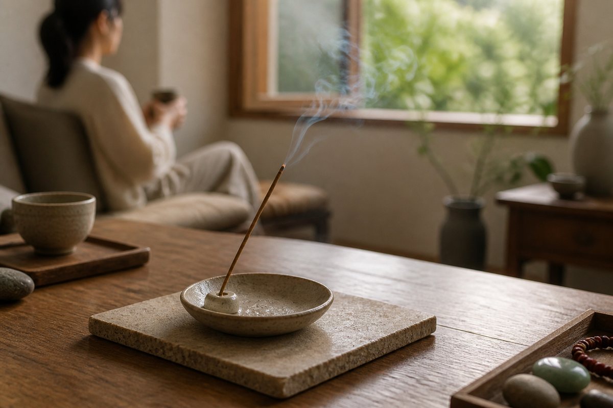 A lightly smoking incense stick in a stable ceramic holder on a stone tile with an adult nearby and an open window