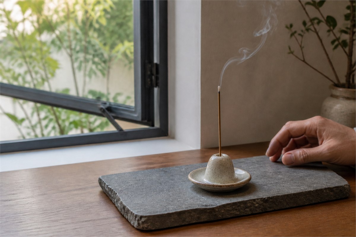 Attended incense stick on a stone tray beside an open window with a thin wisp of smoke