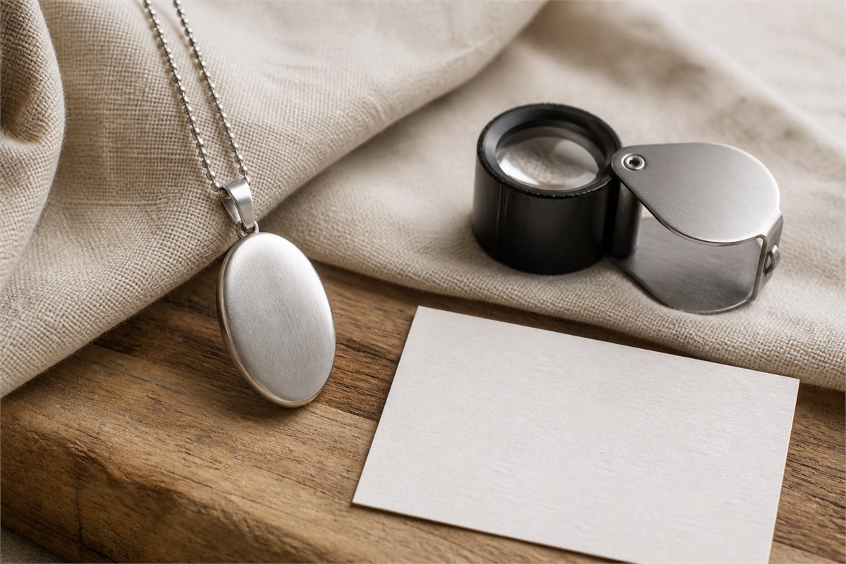 Blank oval silver pendant beside a jeweler's loupe and blank note card on neutral linen