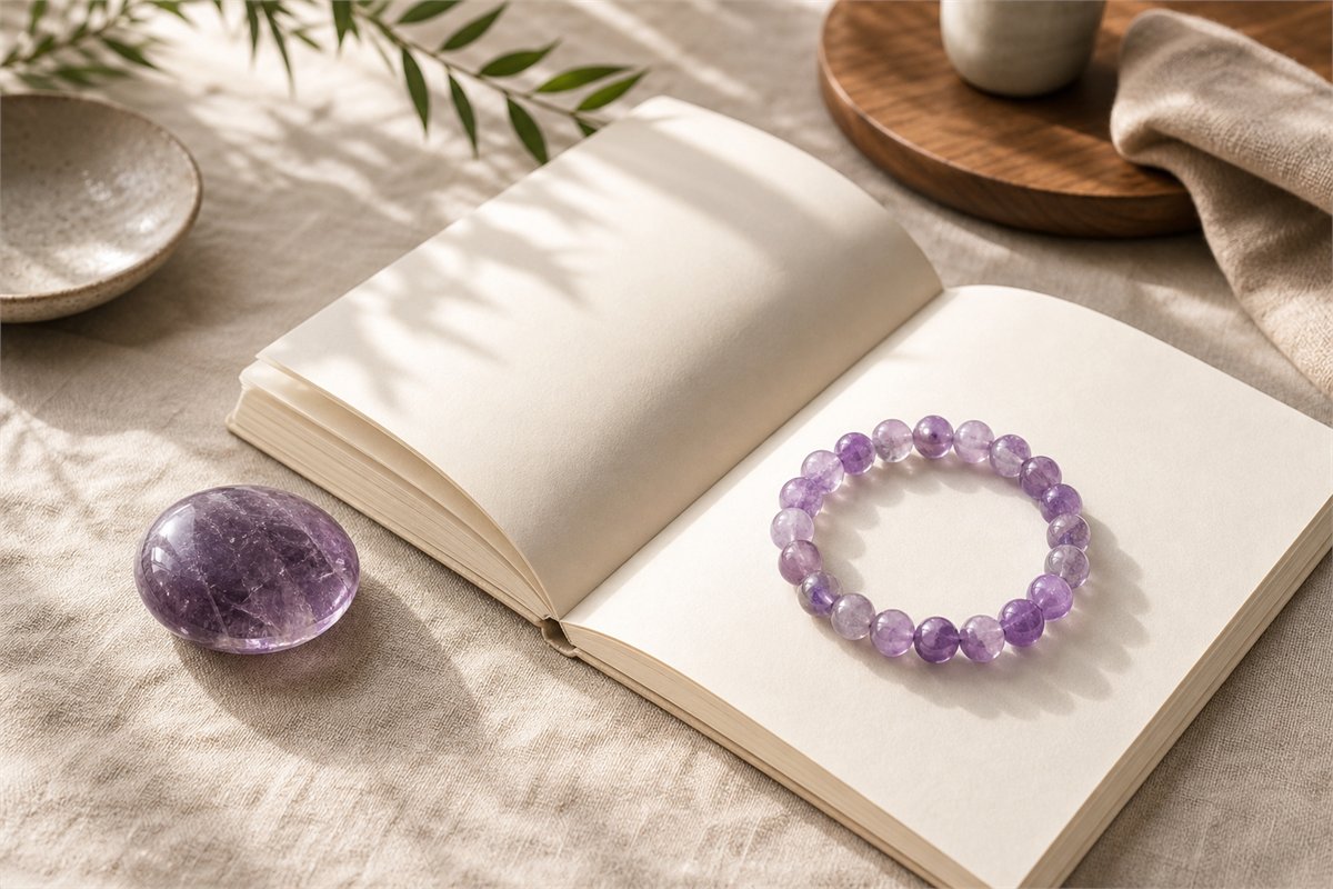 Amethyst bracelet and smooth palm stone beside an open blank notebook in soft window light