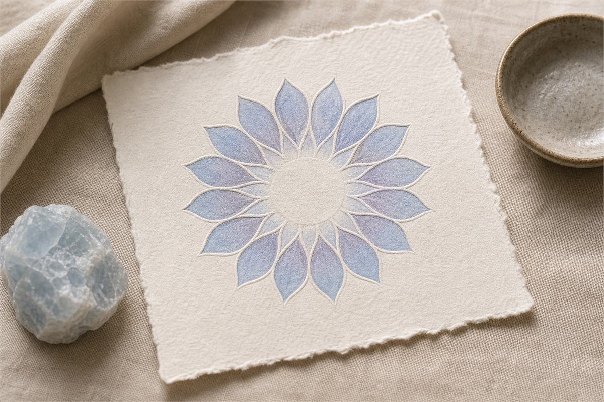 Sixteen-petaled lotus artwork in muted blue and violet on handmade cream paper