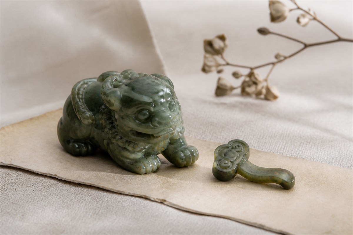Animated dark green jade lion carving beside a small carved Ruyi motif
