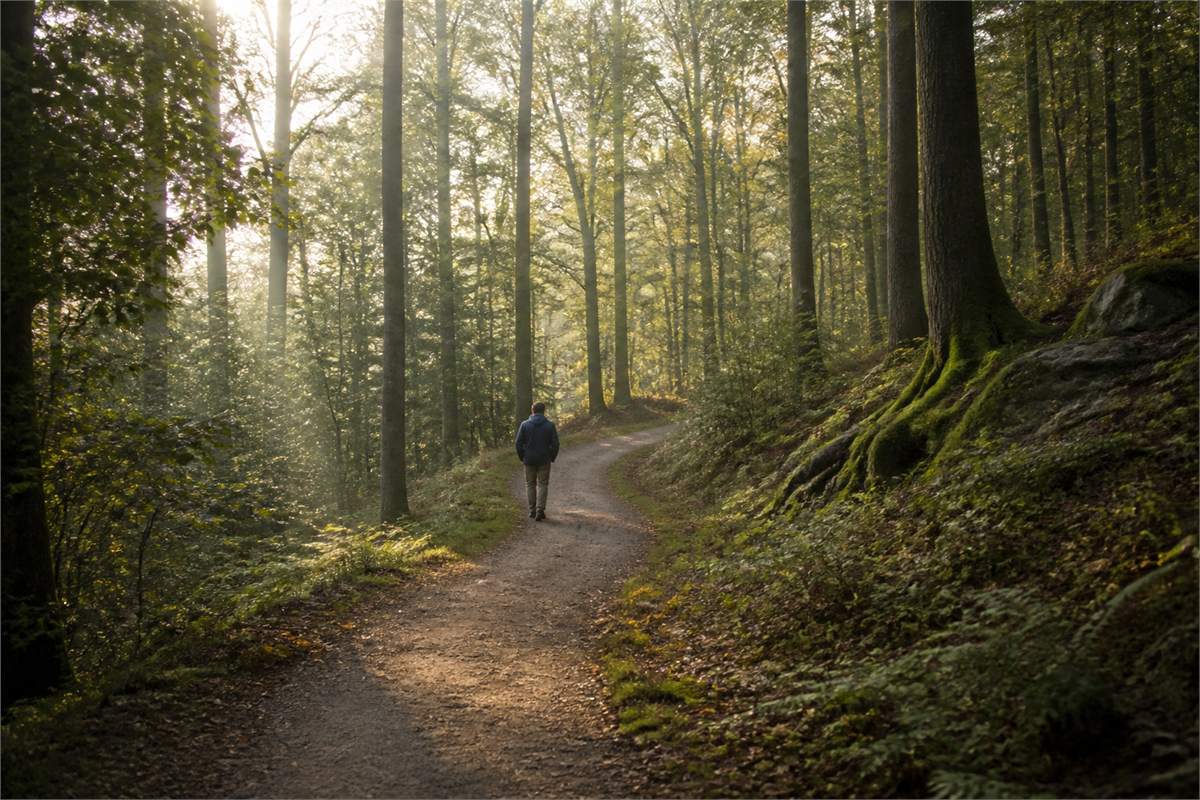 Single person walking along a gently curving forest path in soft natural light